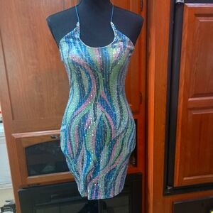 Native Daughters Multicolor Sequin Form Fitting Halter Dress Small